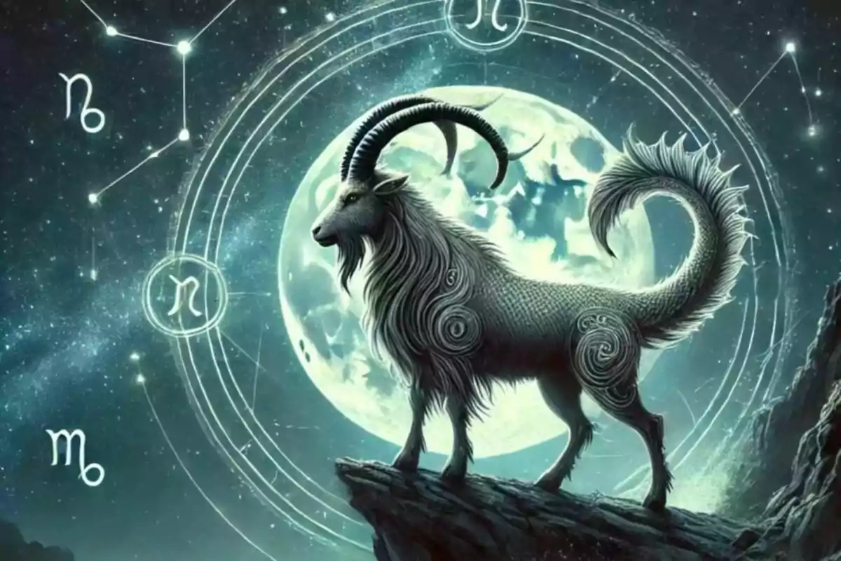 Ilustración de una cabra mítica con cola de pez, representando el signo zodiacal de Capricornio, con un fondo de constelaciones y una luna llena.