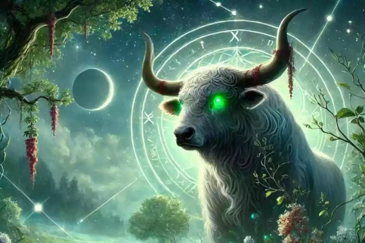 Un toro místico con ojos verdes brillantes y cuernos ensangrentados se encuentra en un paisaje de fantasía con un cielo estrellado y un eclipse lunar, rodeado de vegetación y símbolos mágicos.