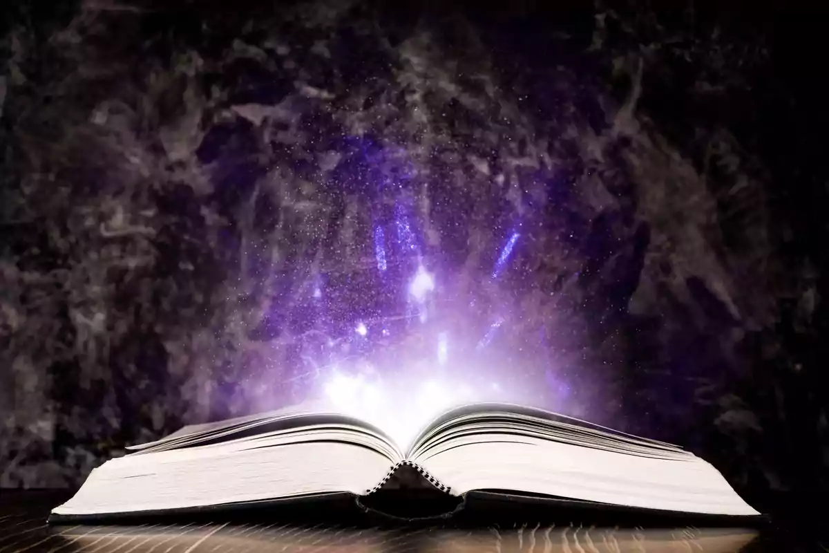 Un libro abierto con una luz mágica y destellos púrpuras emergiendo de sus páginas, sobre una superficie de madera con un fondo oscuro y nebuloso.