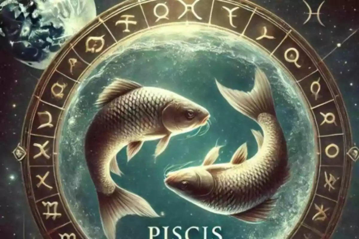 Imagen de dos peces nadando en direcciones opuestas dentro de un círculo con símbolos zodiacales, representando el signo de Piscis.